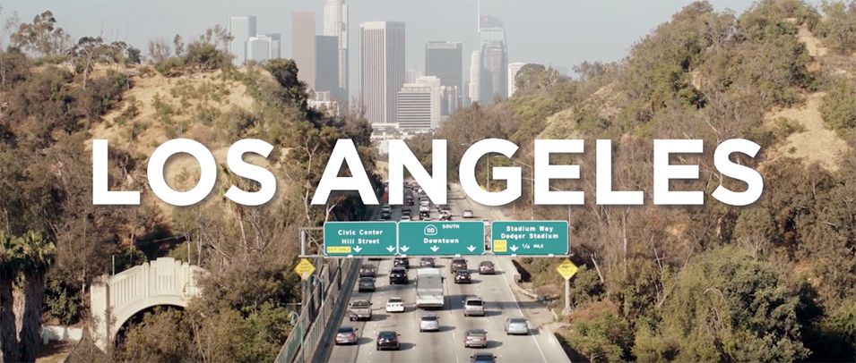 Title screen, reads Los Angeles. With view of Los Angeles.